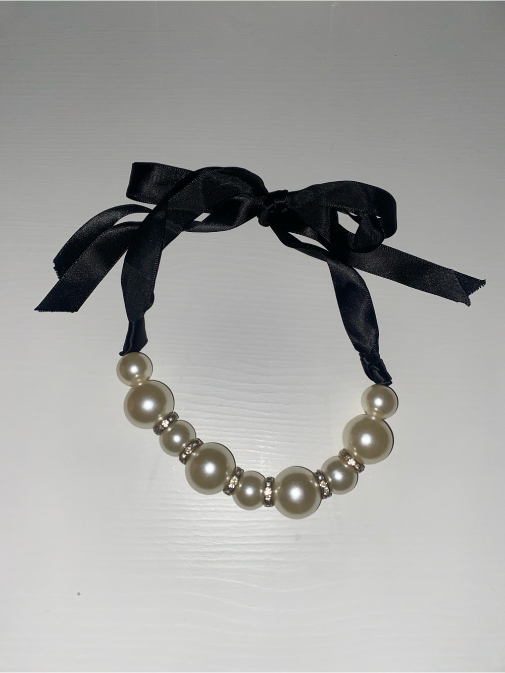 Pearl Bead Ribbon Tie Necklace - Black Ribbon, Cream Pearls